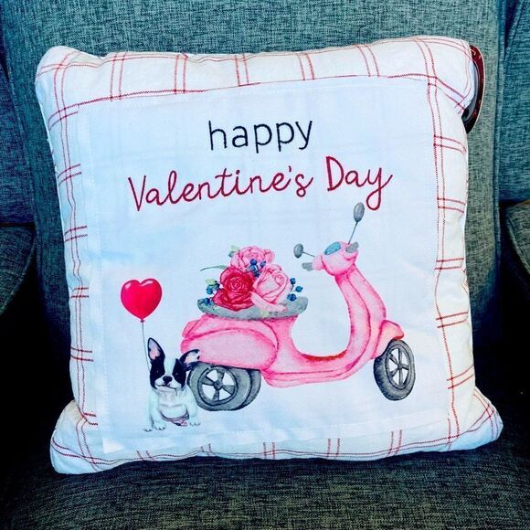 Valentine Frenchie & Scooter Checkered Throw Pillow - Picture 1 of 4
